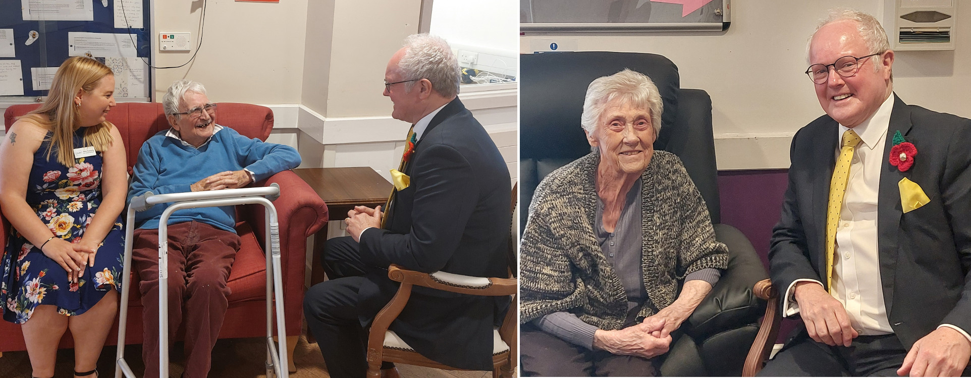 Collage of photos showing MP chatting with residents at Abbeyfield Winnersh