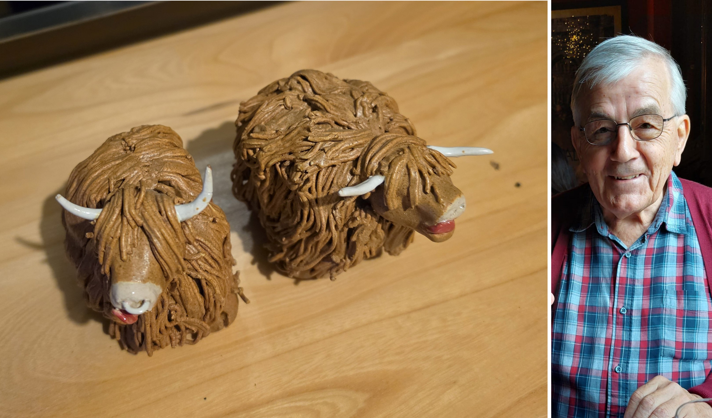Collage of Stuart and his highland cow statues
