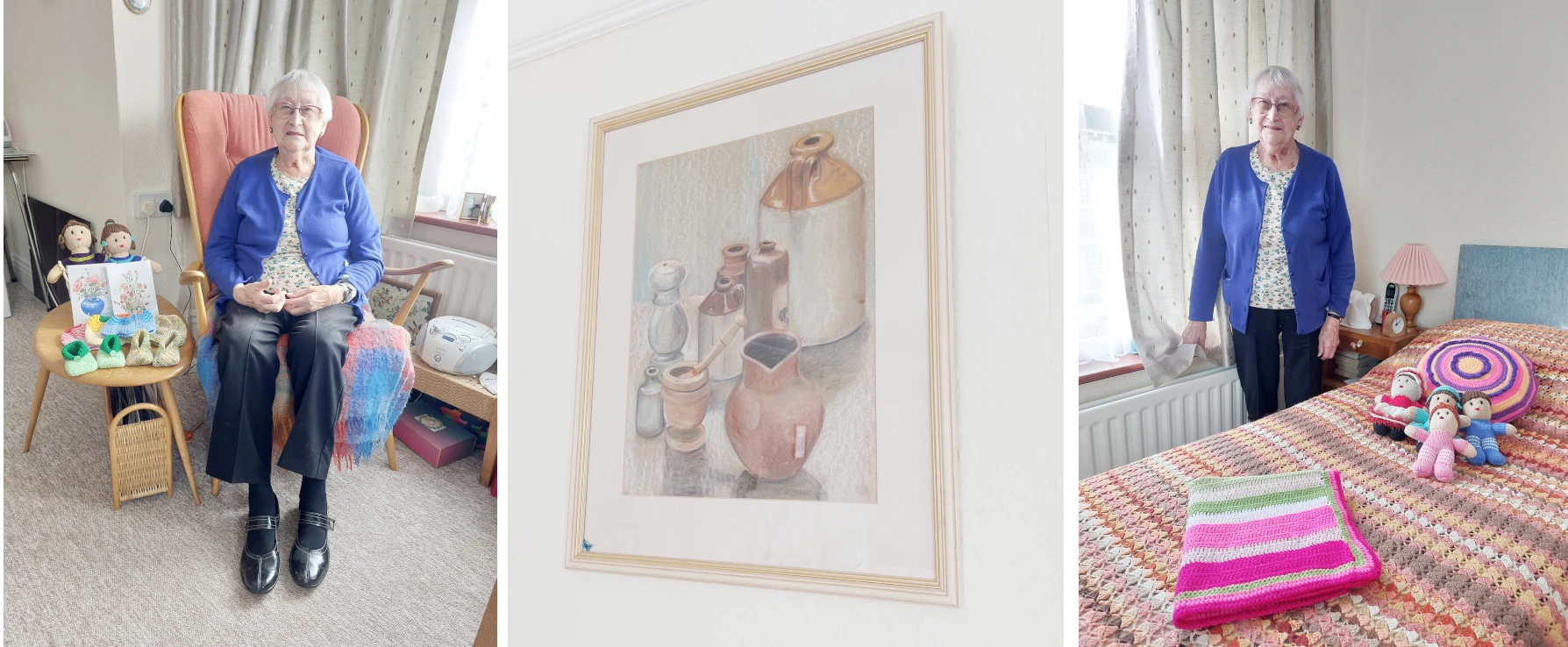 Collage of photos showing Patricia's artwork and her knitting