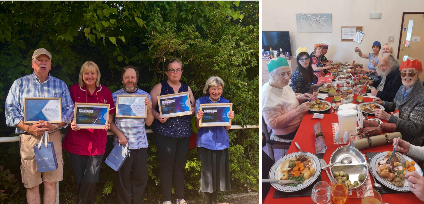 Collage of photos showing staff members at Hill House with their long service awards and Julie enjoying a Christmas meal with residents