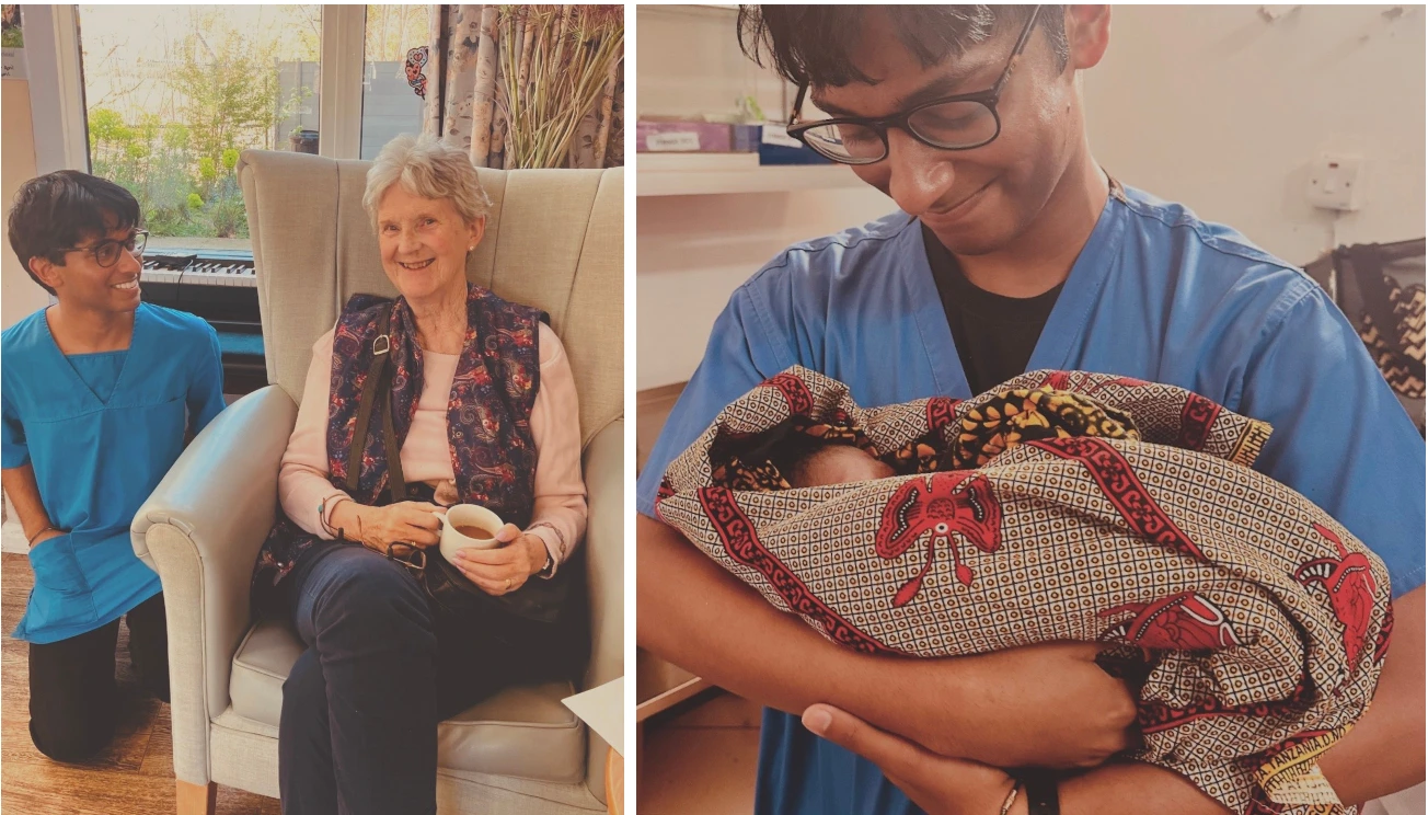 Collage of photos showing Shubhan with resident and after delivering a baby