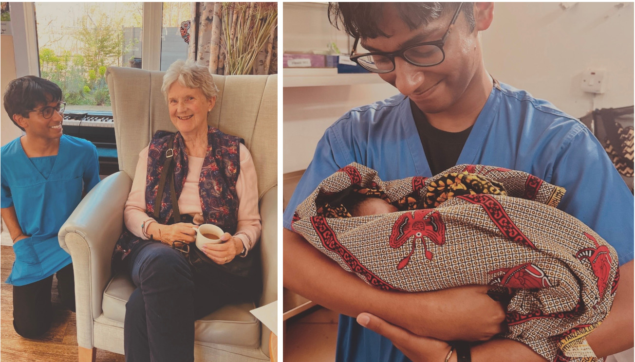 Collage of photos showing Shubhan with resident and after delivering a baby