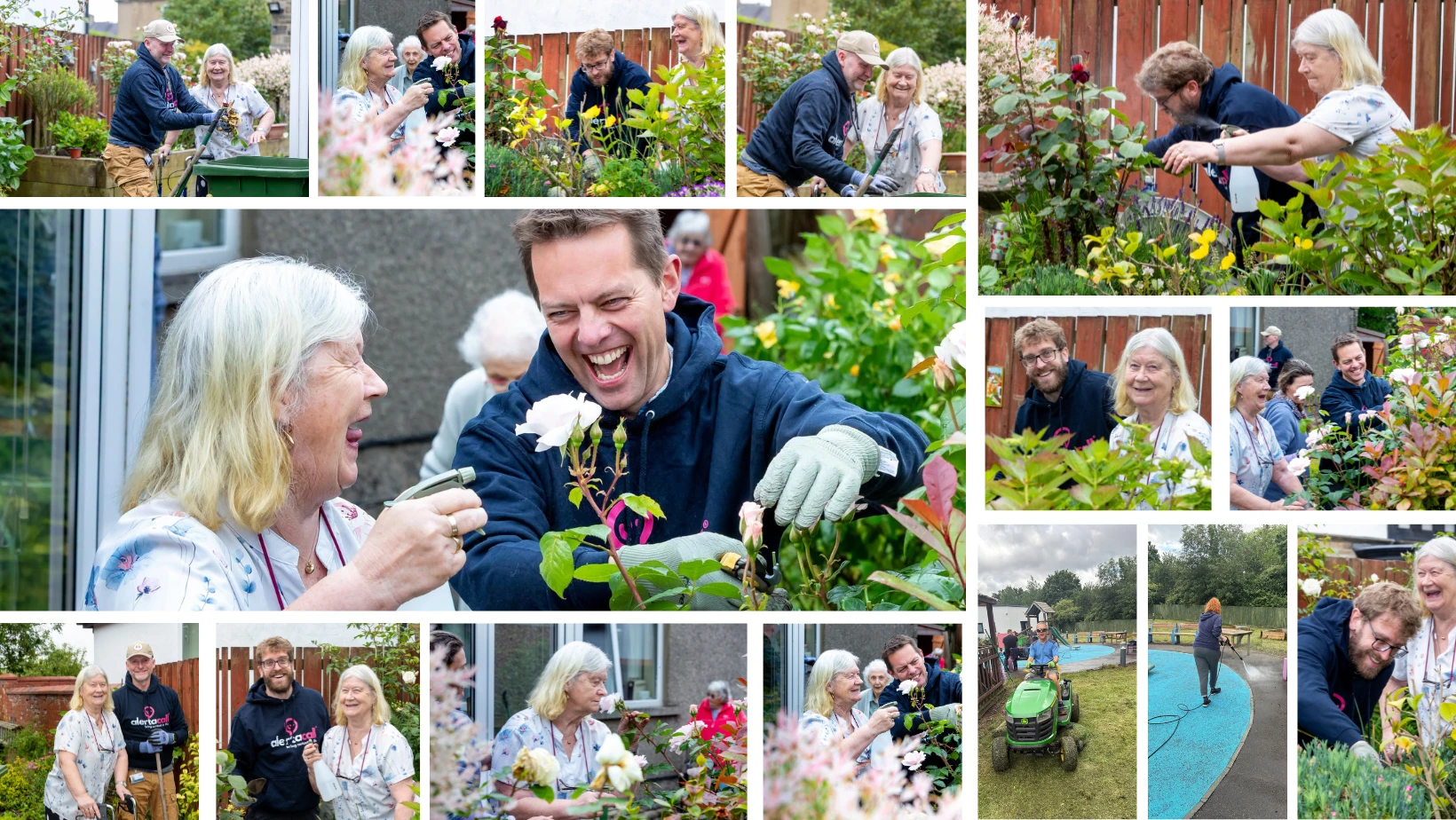 Collage of photos showing Sorce and Alertacall Volunteers helping at our homes