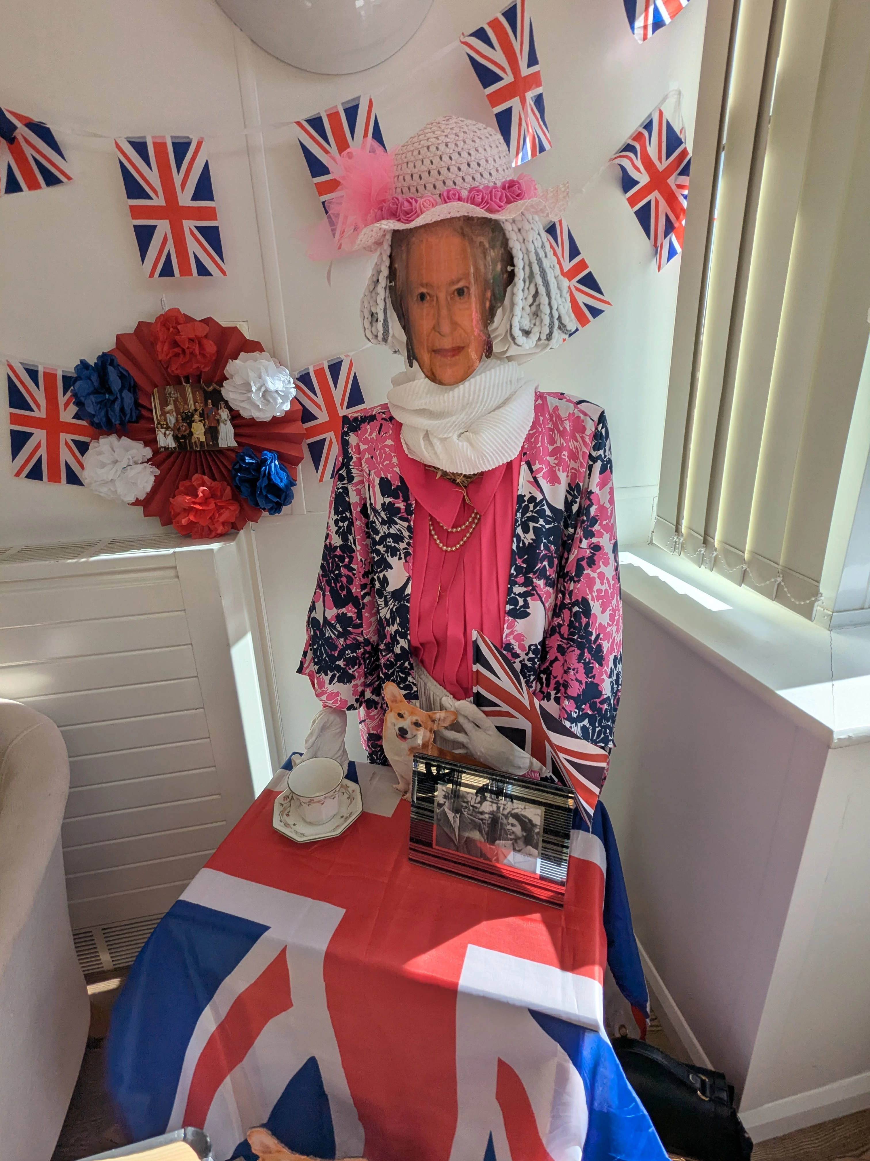 Late Queen Elizabeth scarecrow at Abbeyfield House Bramhall