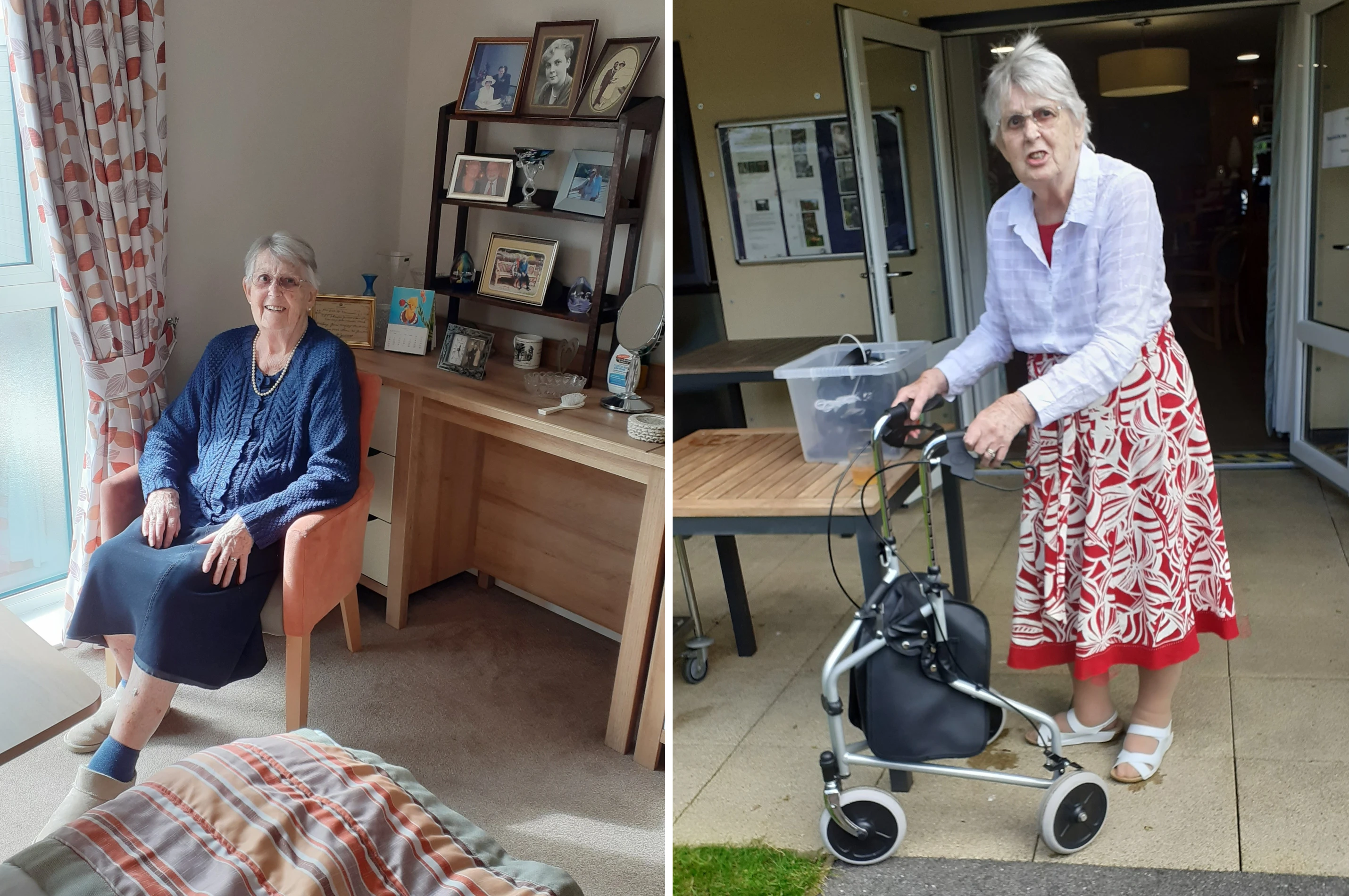 Collage of Sheila in her room and outdoors in the garden at Speedwell Court