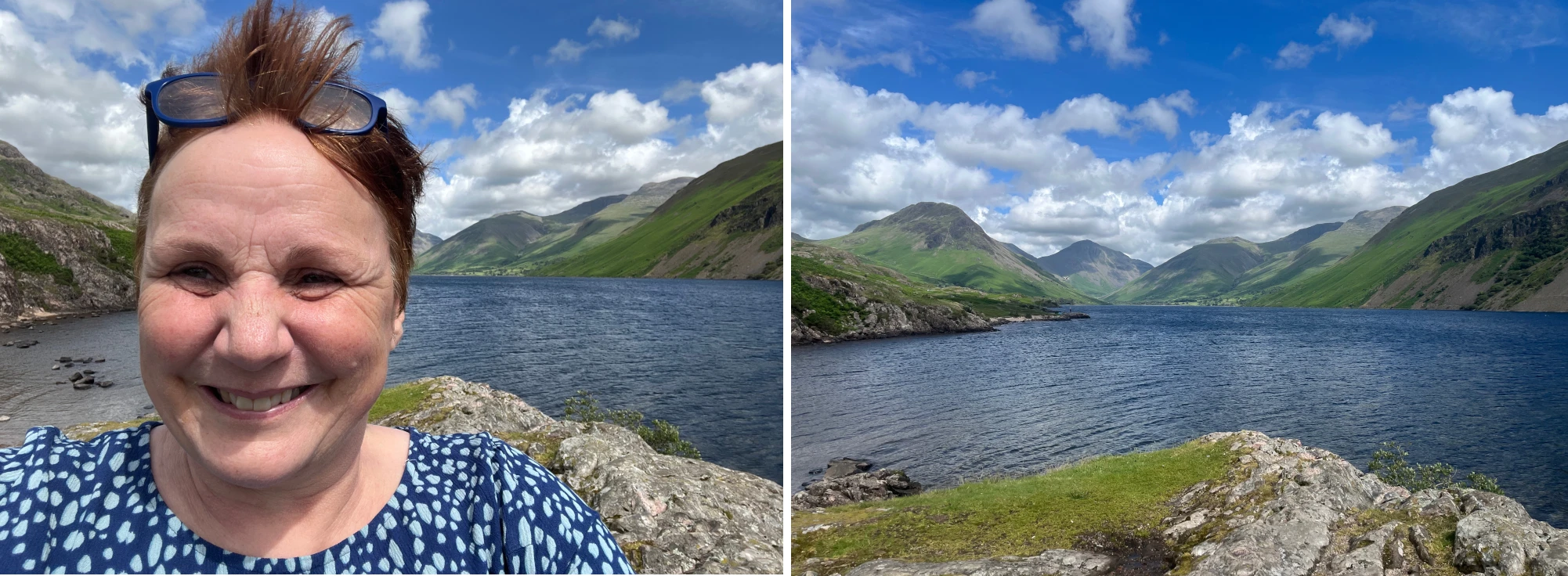Photos of Lesley at Wast Water and a landscape photo of Wast Water