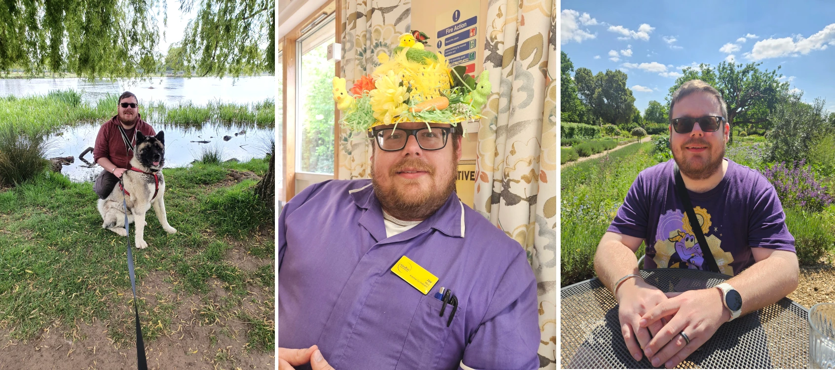 Collage of photos of Jay out on walks and in his role as an Activities Coordinator