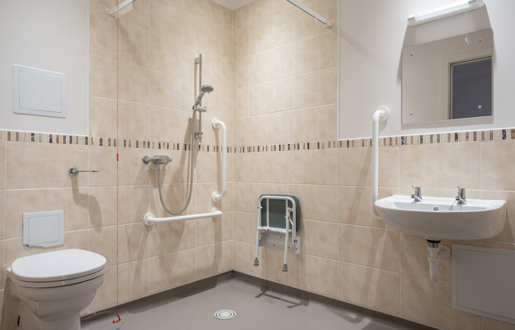 One of our assisted bathrooms with handrails and seating