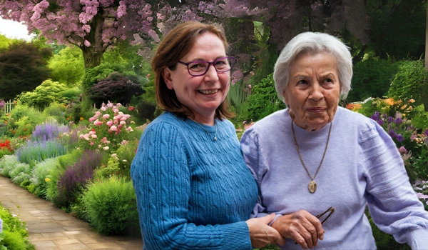 Woman Supporting Older Woman In Beautiful Garden