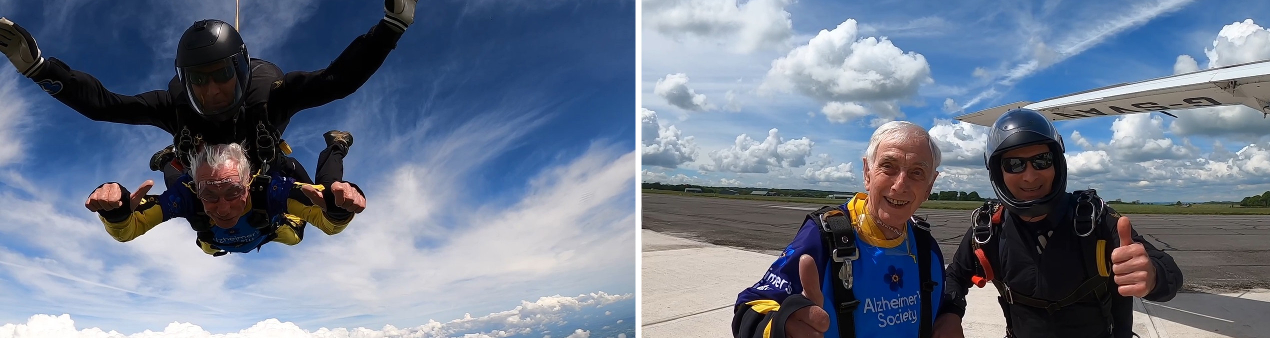 Collage of photos showing Brian skydiving