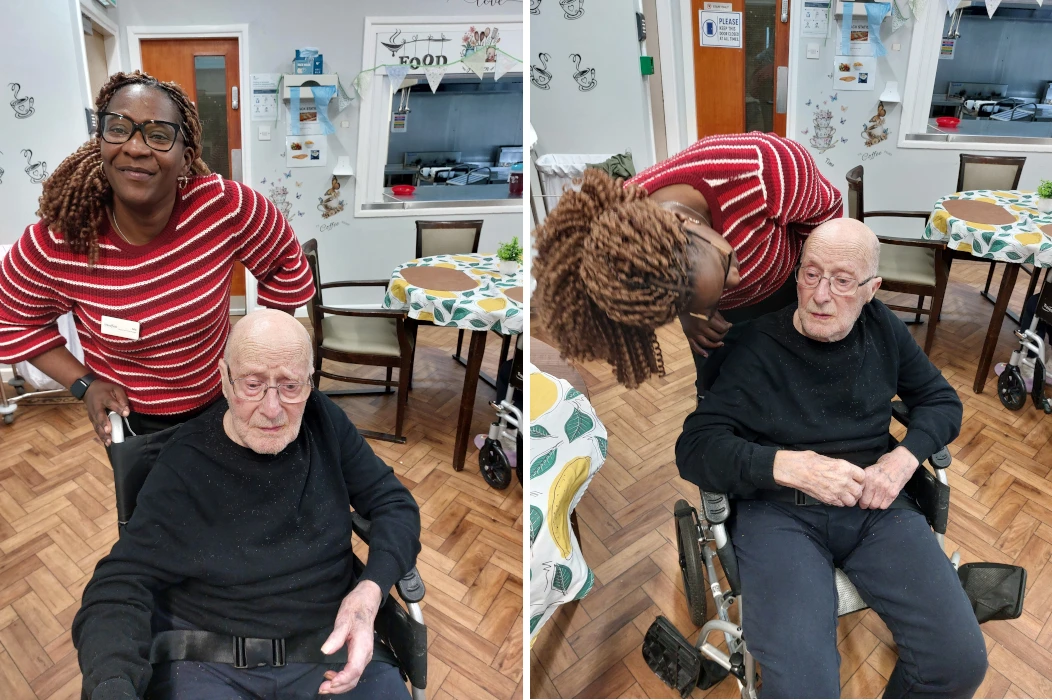 Two photos of Modupe pushing a resident in a wheelchair