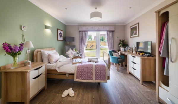 Modern, bright residents bedroom at Speedwell Court Dementia Friendly Care Home