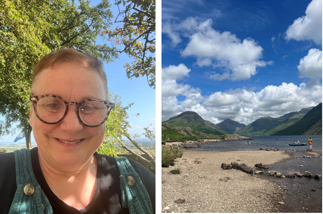 Collage of photos of Lesley outdoors and Wast Water Lake
