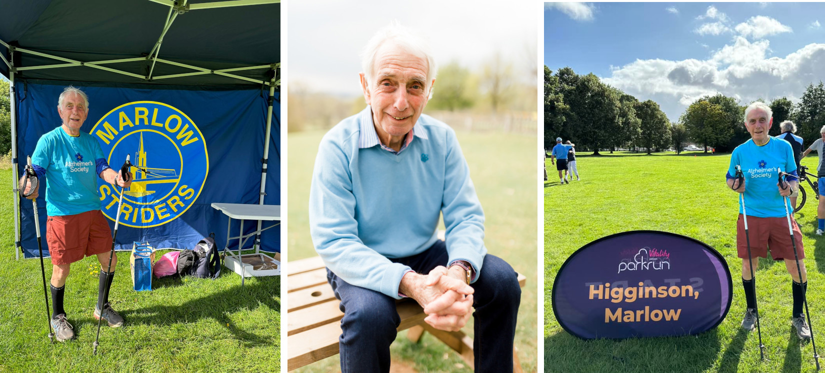Collage of photos of Brian sitting on a bench and at running and Nordic walking events