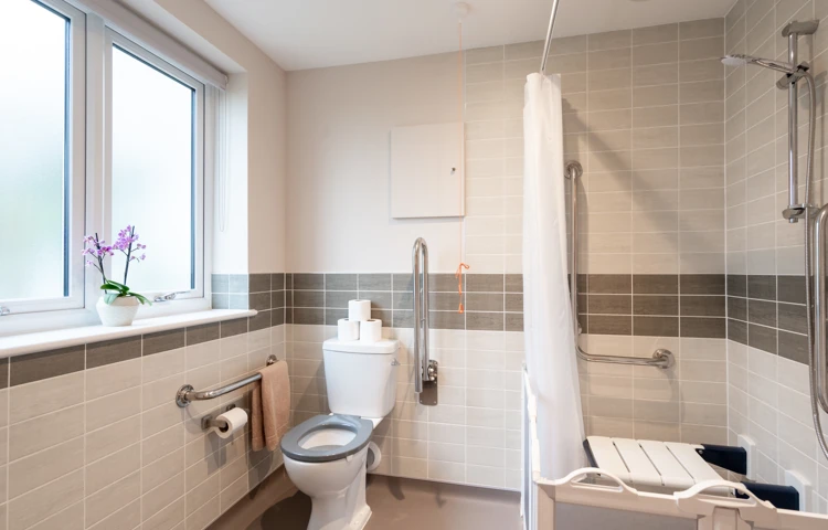 Bathroom at Westall House in Horsted Keynes with accessible features including grab rails, a raised toilet seat, and a walk-in shower with a seat.