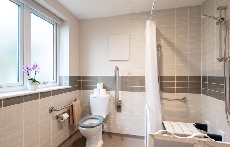 Bathroom at Westall House in Horsted Keynes with accessible features including grab rails, a raised toilet seat, and a walk-in shower with a seat.