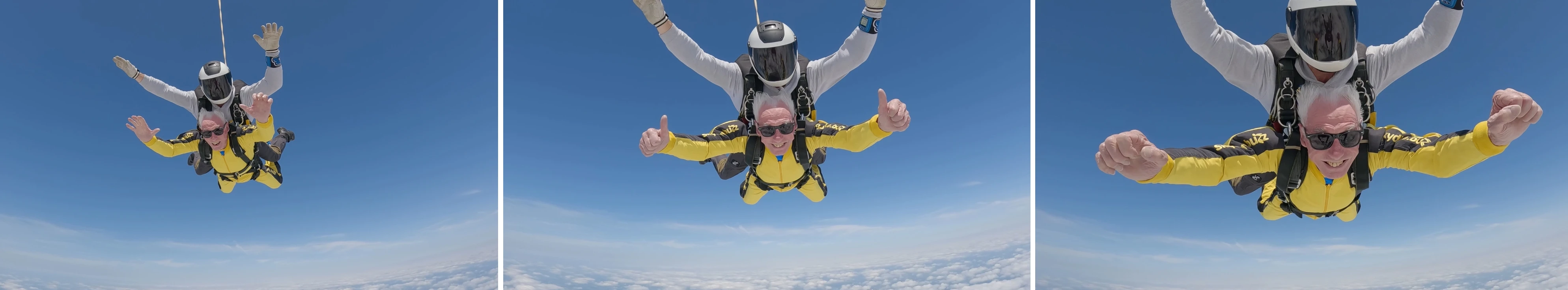 Collage of photos of Brian skydiving