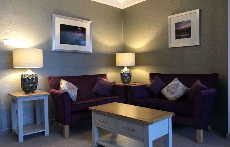 Cosy seating area with lamps and sofas