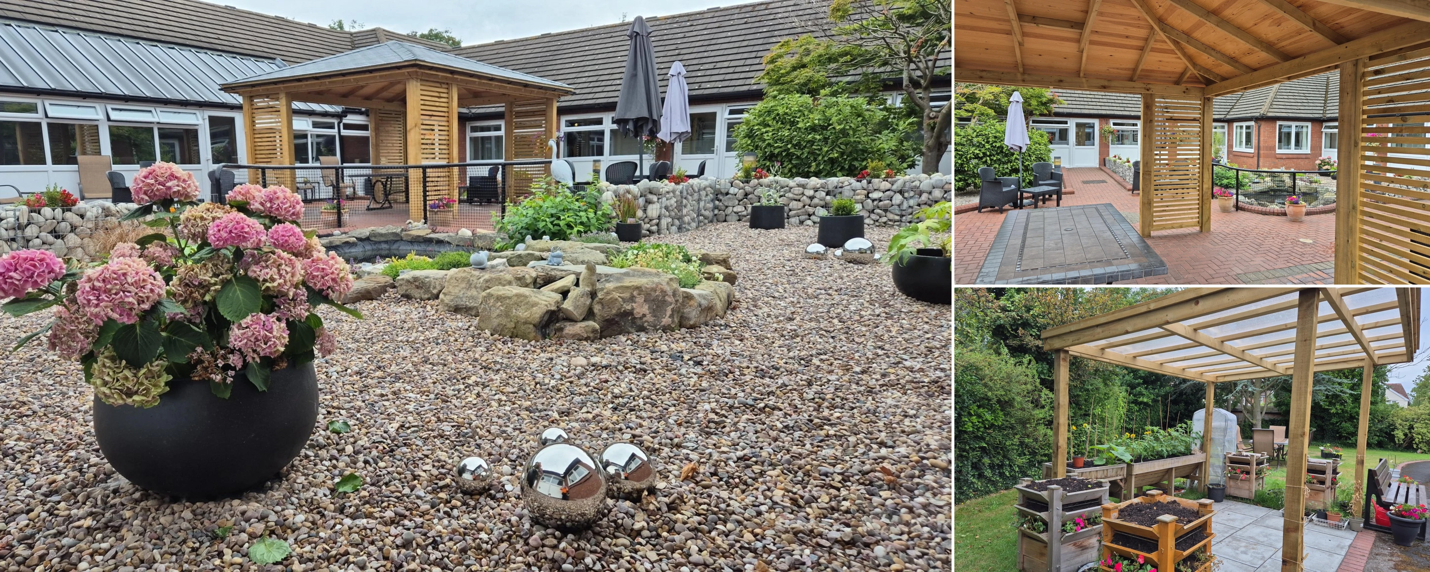 Collage of Halcyon House renovated courtyard and new gardening area