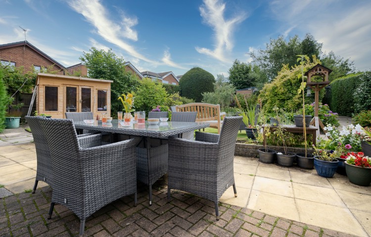 Patio in the rear garden of Abbeyfield House, Bramhall SK7 1EE